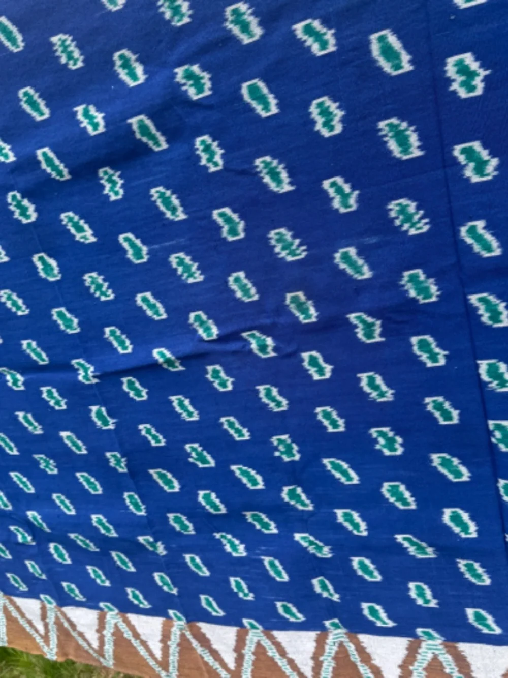 True Ikat Cloth Wrap Throw Blue Green Wall Hanging Medium Weight Weaving 82 X 45